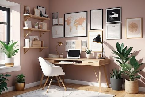 Inspiration Nook Flat Vector Illustration of Cozy Home Office with Vision Boards and Motivation Pink Office Ideas, Office Ideas For Work, Womens Home Office Ideas, Womens Home Office, Pink Home Office, Pink Office Decor, Modern Office Space, Cozy Home Office, Pink Office