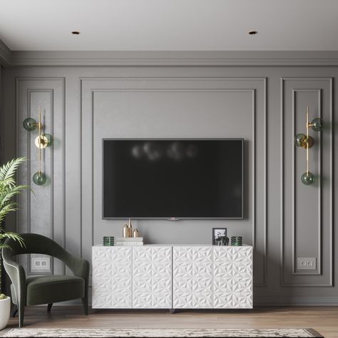 Wall Molding Living Room, Living Room Panelling, Tv Mounted, Apartments Decorating, Elegant Living Room Design, Decorating Farmhouse, Tv Wall Design, Living Room Design Decor, Decoration Room