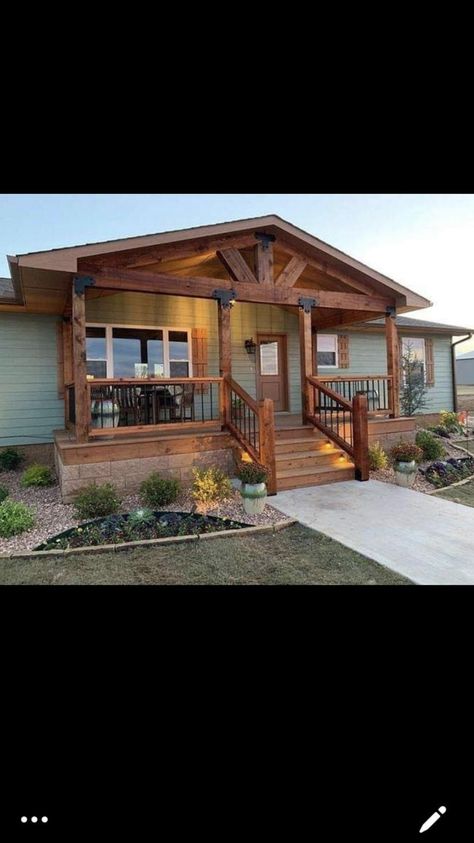 Back Decks For Mobile Homes, Trailer Addition Ideas, Mobile Home Addition Ideas Double Wide, Doublewide Porch Ideas, Black Mobile Home Exterior, Mobile Home Porch Ideas, Mobile Home Landscaping, Double Wide Trailer, Mobile Home Deck