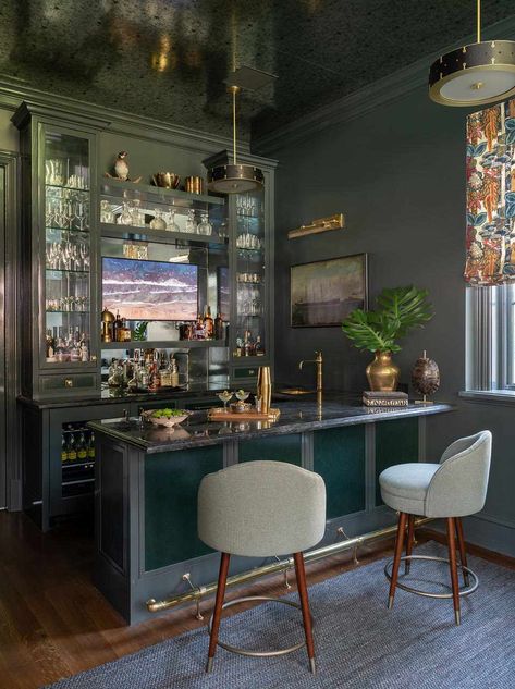 23 Wet Bar Ideas For The Ultimate Entertaining Space, According To Designers Walk In Bar In Living Room, At Home Bar Room, Dry Bar With Seating, Contemporary Wet Bar Designs, Home Office And Bar Combo, Bar Room Ideas For Home, Small Bar In House, Bar In Library, Home Bar And Library