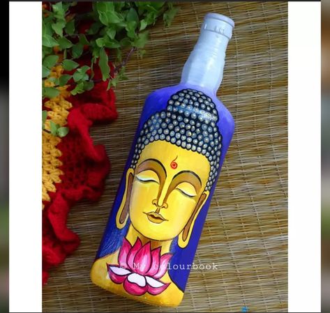 Budha Painting On Bottle, Buddha Bottle Painting, Krishna Bottle Art, Bottle Painting Ideas, Beer Bottle Art, Bottle Art Projects, Holi Colors, Hand Painted Wine Bottles, Hand Painted Bottles