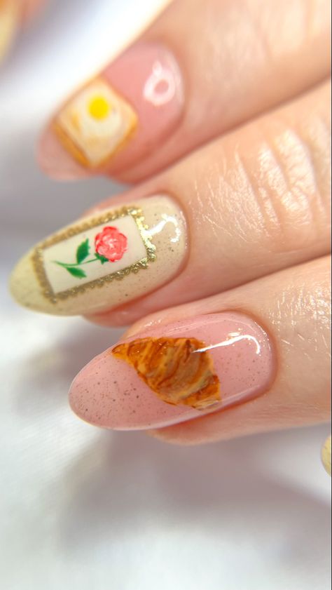 Bakery Nail Art, Sweet Tart Nails, Food Nail Designs, Food Themed Nails, London Inspired Nails, Pancake Nails, Croissant Nails, Food Nails Designs, Cookie Nails