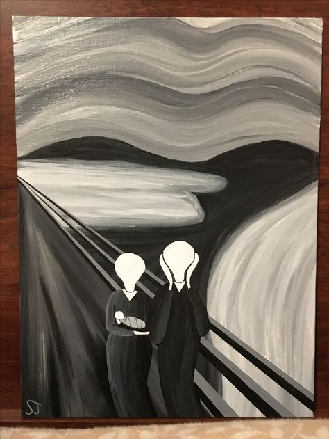 I repaint famous paintings with a noticeable twist to each piece!  I title this painting "Something to Scream About."  The original piece is "The Scream" by Vincent Van Gogh.  I changed this painting from the original by painting it in black and white for emotional effect  removing facial expressions for abstraction, and giving the screaming man a family (a.k.a. a different reason to scream about).  This is a fun 12x9in. piece I made in 2016. Easy Famous Paintings, Scream Art, The Scream, Famous Paintings, I Changed, Vincent Van, Facial Expressions, Dot Painting, Vincent Van Gogh