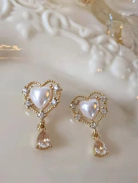 Rhinestone & Faux Pearl Decor Heart Drop Earrings | SHEIN USA Earrings Shein, Pearl Decor, Heart Drop Earrings, Faux Pearl, Women's Earrings, Dangle Earrings, Drop Earrings, Free Shipping