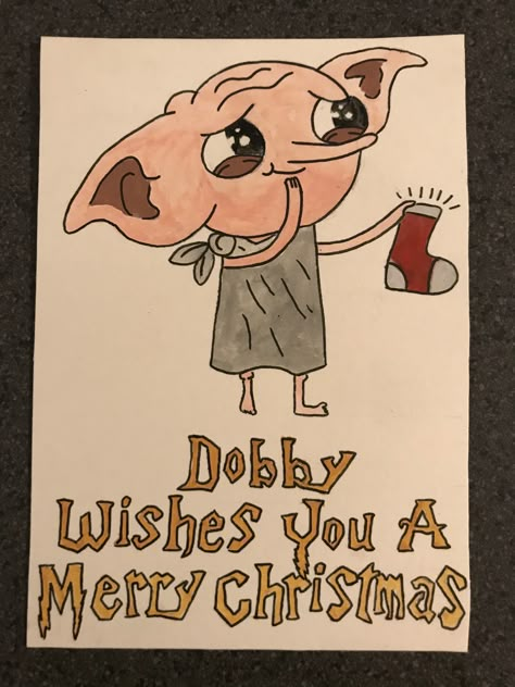 Christmas Cards Harry Potter, Birthday Card Ideas Harry Potter, Harry Potter Christmas Card Ideas, Harry Potter Christmas Drawing, Cute Christmas Card Ideas Drawing, Harry Potter Christmas Cards, Dobby Drawing, Harry Potter Christmas Card, Cute Christmas Drawing Ideas