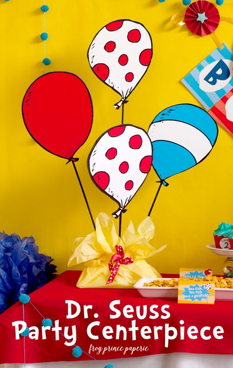 Dr. Seuss Party Centerpieces - Craft Lightning - Frog Prince Paperie Diy Dr Seuss Decorations, Vampire Milkshake, Dr Seuss Birthday Party Ideas, Party Centerpieces Diy, Doctor Suess Birthday, Dr Seuss Party Ideas, Cat In The Hat Party, Dr Seuss Party, Dr Seuss Classroom