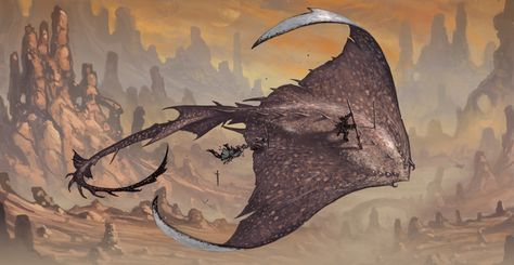 Flying Mounts Dnd, Flying Manta Ray Fantasy Art, Manta Ray Concept Art, Fantasy Mounts Flying, Mount Concept Art, Décor Steampunk, Dark Sun, Heroic Fantasy, Creature Artwork