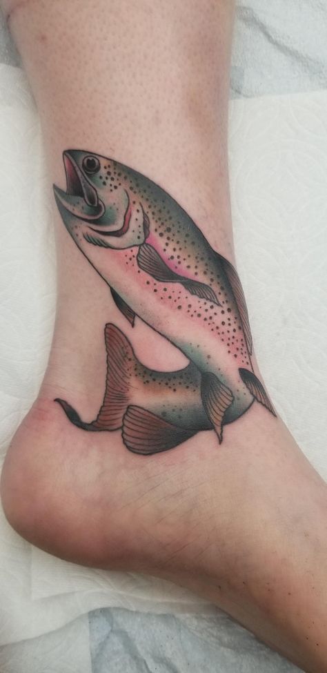 Rainbow trout done today by Prix Tattoos and body piercings #tattoos #tattoo #beauty Steelhead Trout Tattoo, Rainbow Trout Tattoo, Trout Tattoo, Trout Painting, R Tattoo, Dad Tattoos, Rainbow Trout, Foot Tattoo, Body Piercings