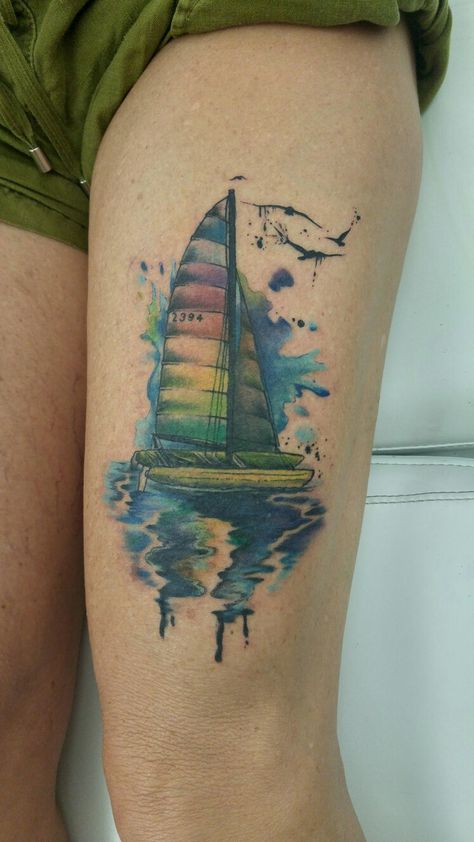 Prindle Catamaran tattoo Catamaran Tattoo, Tattoo Sailboat, Boat Tattoos, Nautical Tattoos, Catamaran Boat, Sailboat Tattoo, Boat Tattoo, Elements Tattoo, Nautical Tattoo