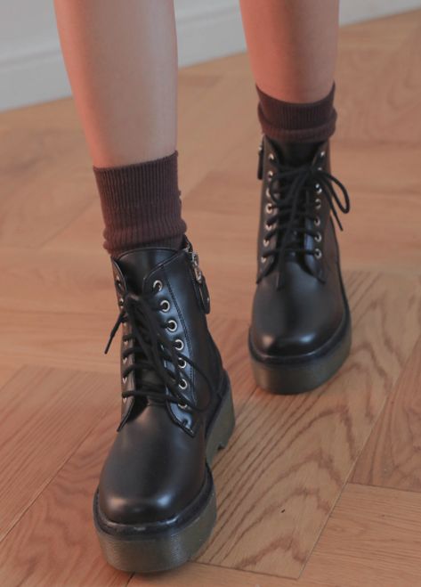 [STYLENANDA] THICK-SOLED LACE-UP COMBAT BOOTS Combat Boots Socks, Ugg Boats, Style Combat Boots, Combat Boot Outfit, Demonia Shoes, Outfit Korean, Lace Up Combat Boots, Boating Outfit, Suede Wedges