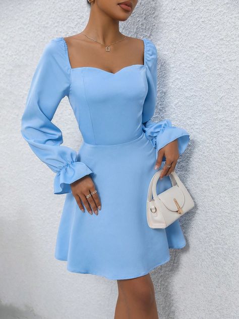 Baby Blue Elegant Collar Long Sleeve Polyester Plain A Line Embellished Non-Stretch  Women Clothing Cheap Light Blue Long Sleeve Mini Dress, Long Sleeve Light Blue Princess Party Dress, Blue Bubble Sleeve Dress $21, Light Blue Long Sleeve Mini Dress For Daywear, Light Blue Long Sleeve Dress With Button Closure, Color Celeste, Fashion Forecasting, Shein Dress, Bell Sleeve Dress