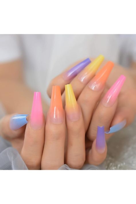 Colorful Gradient Design Press on Nails - iBeautying False Nails - French Finish Finger Daily Wear Nail - Extra Long Coffin Acrylic Reusable Fake Nails 24pcs Full Nail Tips, Ballet Nails, Long Press On Nails, French Nail Art, Rainbow Nails, Nail Art Hacks, False Nail, Nail Supply, Artificial Nails