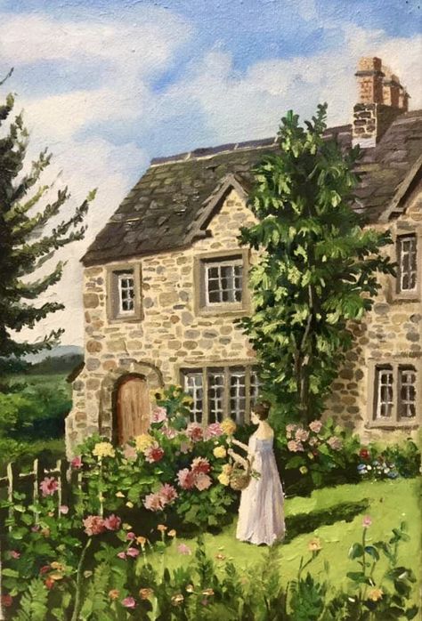 Whimsical Cottage, Cottagecore Art, Cottage Painting, Storybook Cottage, English Cottage Garden, House Illustration, Spring Landscape, British Art, English Cottage