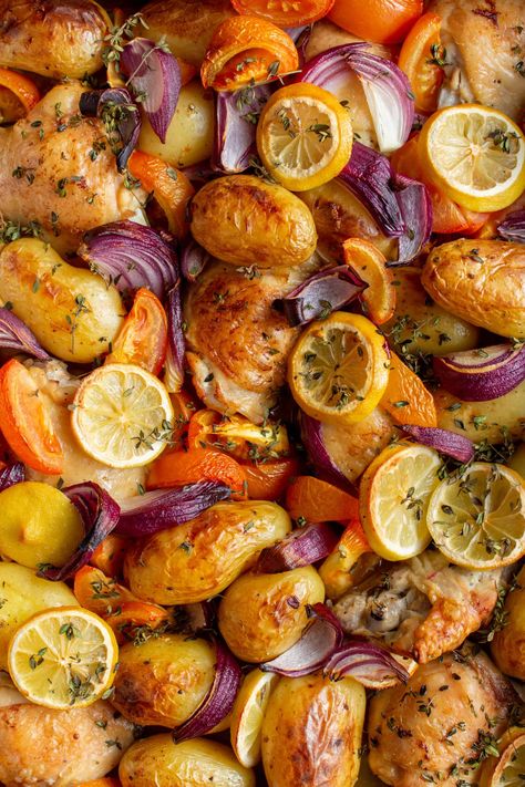 Healthy Chicken Tray Bake Recipes, 1 Tray Bake Dinner, Chicken Thigh Traybake Recipes, Lemon Chicken Tray Bake, Chicken Thigh Tray Bake, Chicken Thigh Tray Bake Recipes, Recipes Using Thyme, Creamy Chicken Thighs, Chicken Tray Bake Recipes