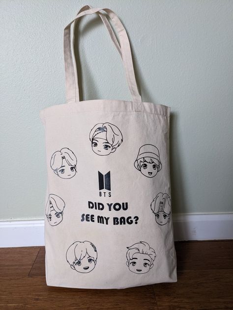 Cute grocery canvas tote bag with Tiny Tan BTS BangTan Sonyeondan Heads and quote from the song Mic Drop "Did you see my bag". Made with silhouette and siser easyweed heat transfer vinyl. Bts Tote Bag Design, Bts Tiny Tan, Tote Bag Bts, Bts Bag, Anime Tote Bag, Army Accessories, Handpainted Tote Bags, Tiny Tan, Fabric Paint Diy