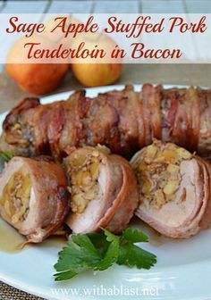 Only 7 Ingredients in this Main dish ! Juicy, tender and bursting with flavor ~ and the BEST part = all wrapped in Bacon ! Apple Stuffed Pork Tenderloin, Apple Pork Tenderloin, Paleo Pork, Stuffed Pork, Wrapped In Bacon, Pork Dinner, Romantic Dinner Recipes, Tenderloin Recipes, Pork Tenderloin Recipes