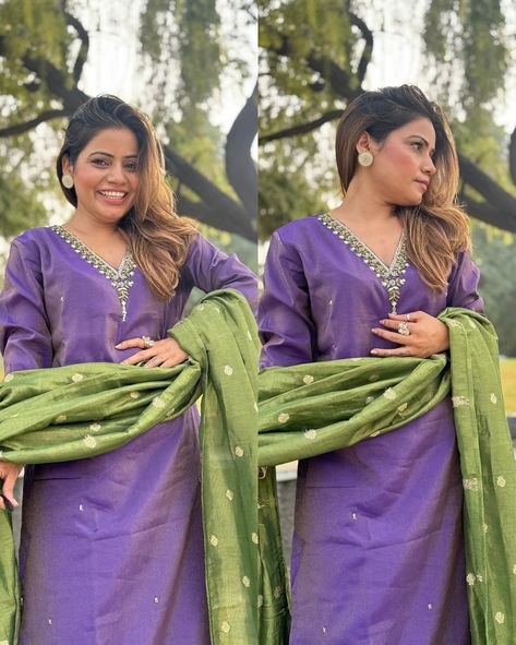 Wow 🤩 It features a striking combination of a deep purple kameez (top) with intricate embroidery around the neckline, paired with a contrasting green dupatta adorned with golden motifs. The green dupatta has a delicate golden border, adding a touch of elegance to the ensemble. The overall look is rich yet understated, perfect for formal or festive occasions. . . . • Purple Green Embroidered Salwar Kameez • Festive Indian Suit • Traditional Punjabi Suit • Elegant Salwar Kameez with Dupat... Purple Kameez, Purple Dupatta, Contrast Dupatta, Suit Traditional, Green Dupatta, Embroidered Salwar, Indian Suit, Golden Border, Punjabi Suit