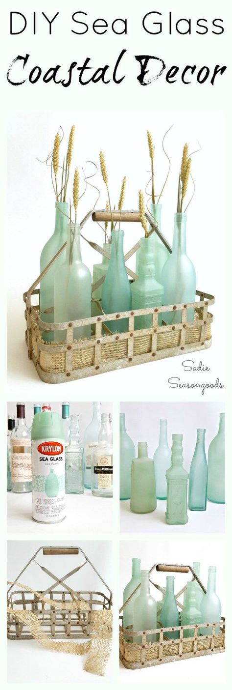 DIY coastal / beach decor is as easy as raiding your recycling bin and repurposing your glass bottles and jars! Special spray paints and frost etch effect paint transform them into stunning, gorgeous sea glass bottles! Super easy DIY upcycle craft project Sea Glass Spray Paint, Sea Glass Bottles, Glass Spray Paint, Strand Decor, Deco Marine, Coastal Beach Decor, Spray Paints, Diy Upcycle, Create Diy