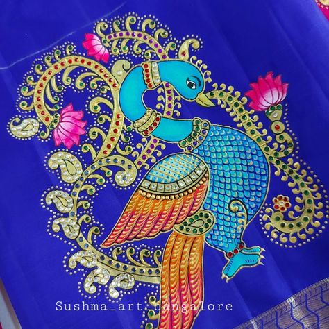 Tanjore Painting Peacock Design, Ganjifa Art, Painting On Blouse, Blouse Painting, Painting Peacock, Fabric Colour Painting, Face Oil Painting, Blouses Work, Tanjore Art