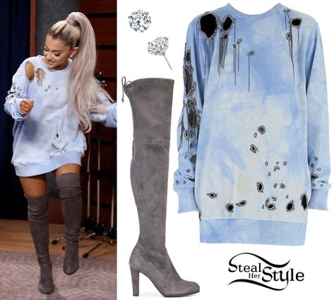 Ariana Grande: Blue Distressed Top, Suede Boots | Steal Her Style Blue Suede Boots Outfit, Ariana Grande Clothes, Ariana Boyfriend, Celebrity Makeup Fails, Ariana Grande Outfits Casual, Celebrity Fashion Fails, Estilo Kylie Jenner, Ariana Grande Outfits, Distressed Top