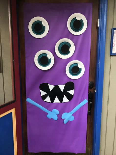 Monster door decoration; Just Jenn Home Arts Door Monster Halloween, Monster Door Decoration, Puerta Halloween, Monsters Inc Decorations, Halloween Doors, Monster Door, Halloween Classroom Door, Halloween Classroom Decorations, Halloween Front Door Decorations