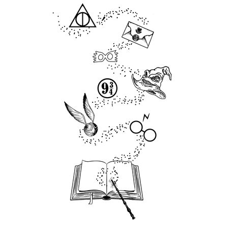 Harry Potter Collage Tattoo, Disney Up Tattoo, Harry Potter Mandala, Tatuajes Harry Potter, Harry Potter Tattoos Minimalist, Harry Potter Tattoo Unique, Harry Potter Embroidery, Collage Tattoo, First Tattoo Ideas