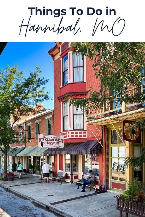 A line of brick buildings line a sidewalk with small town businesses in historic Hannibal, MO. Hannibal Missouri, Hannibal Mo, Old Fashioned Ice Cream, Yellowstone Vacation, Small Town America, Great River, Babymoon, Vacation Destinations, The River