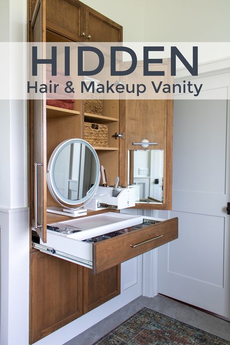 Walk In Closet Makeup Room, Fold Down Makeup Vanity, Makeup Nook Bathroom, Bathroom Makeup Cabinet, Hidden Vanity In Closet, Hidden Vanity Ideas, Small Walk In Closet With Makeup Vanity, Vanity Inside Closet Small Spaces, Hidden Makeup Storage