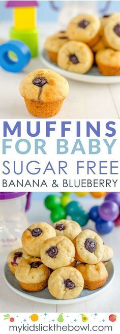 Muffins For Baby, No Sugar, Healthy For Kids and Babies. A Soft Baby Muffin with Banana and Blueberry Blueberry Muffins For Baby, Muffins For Baby, Baby Muffins, Banana Blueberry Muffins, Baby Led Weaning Recipes, Weaning Recipes, Baby Finger Foods, Baby Snacks, Homemade Baby Foods