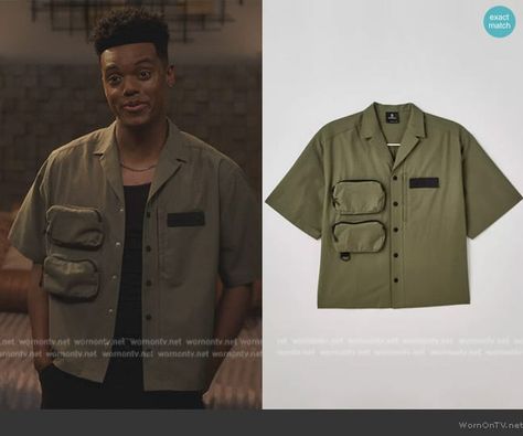 Will’s green utility shirt on Bel-Air.  Outfit Details: https://wornontv.net/457169/ Jabari Banks Outfits, Will Smith Fashion, Jabari Banks, Paris Family, Will S, Unbreakable Kimmy Schmidt, Lilly Singh, Utility Shirt, Housewives Of Atlanta