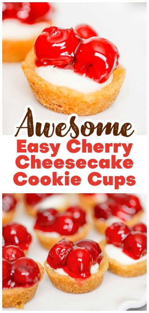 Looking for a delicious cherry dessert idea? Try our homemade cherry cheesecake cookie cups that are sure to satisfy your sweet tooth! Our easy cookie cups recipes are perfect for any occasion. Indulge in the sweet and tangy flavors of our cherry dessert idea. Don't miss out on this tasty treat! #cherrycheesecake Easy Cookie Cups, Cheesecake Sugar Cookie Cups, Homemade Cherry Cheesecake, Easy Cherry Cheesecake, Cherry Chocolate Recipes, Cheesecake Cookie Cups, Sugar Cookie Cheesecake, Mini Cherry Cheesecakes, Cups Recipes