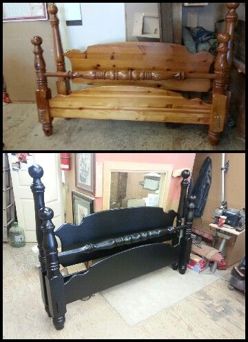 Pine bed painted black Cannonball Bed, Old Bed Frames, Pine Beds, Painted Beds, Bedroom Furniture Makeover, Painted Bedroom Furniture, Cottage Bedroom, Diy Furniture Renovation, Furniture Renovation