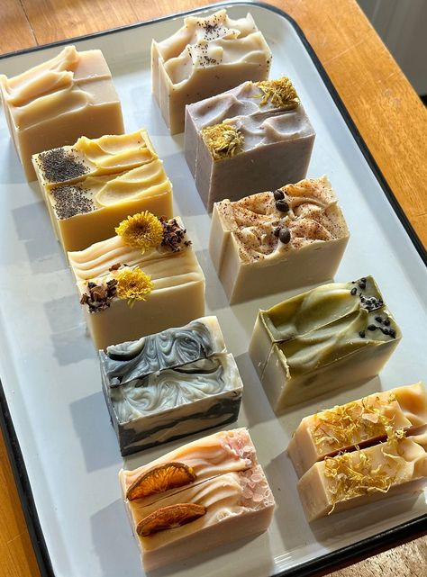 Each of our soaps is handcrafted using the cold process method in small batches on our homestead in Virginia surrounded by mountains, forest, meadows and wildflowers. We use certified organic coconut, sunflower and palm (rspo) oils and certified organic shea butter along with creamy goat's milk and castor oil for a luxurious lather your skin with adore! The highest quality essential oils provide the luscious scent in all but a few of our soaps (the ones our customers won't let us discontinue-these are clearly noted in the descriptions). We use only natural colorants including botanical infusions, clays, salts and activated charcoal. Many of our soaps also include herbs and wildflowers gathered  from our meadows and forest and other local flower farms.  What you won't find in our soap: *mic Ways To Package Homemade Soap, Oatmeal Milk And Honey Soap, Soap Making For Beginners, Soap Aesthetic, Cold Process Soap Designs, Natural Colorants, Flower Farms, Fragrance Oil Blends, Handmade Soap Recipes