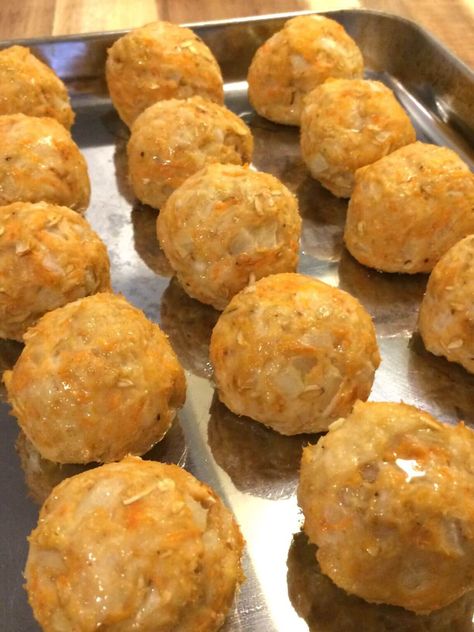 Baked Sweet Potato Turkey Meatballs - Garden to Griddle Turkey Sweet Potato Meatballs, Sweet Potato Meatballs, Turkey Sweet Potato, Stuffed Potato Balls, Baked Turkey, Turkey Meatballs, Baked Sweet Potato, Quick Oats, Ground Black Pepper