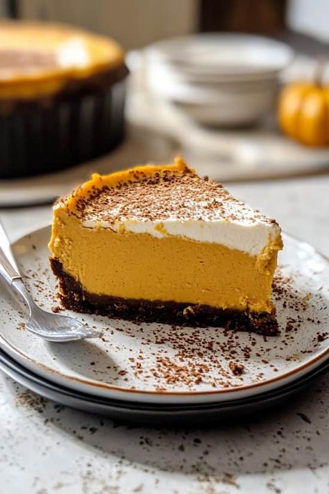 Vegan Pumpkin Cheesecake Recipe, Gingerbread Crust, Vegan Pumpkin Cheesecake, Pumpkin Cheesecake Recipes, Vegan Gingerbread, Vegan Ideas, Cracker Crust, Birthday Desserts, Vegan Pumpkin