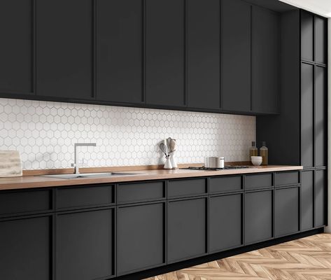 Slim Shaker Kitchen, Modern Shaker Cabinets, Slim Shaker Cabinet, Shaker Cabinets Kitchen, Black Kitchen Cabinet, Slim Shaker, Shaker Style Cabinets, Hardwood Doors, Cabinet Refacing