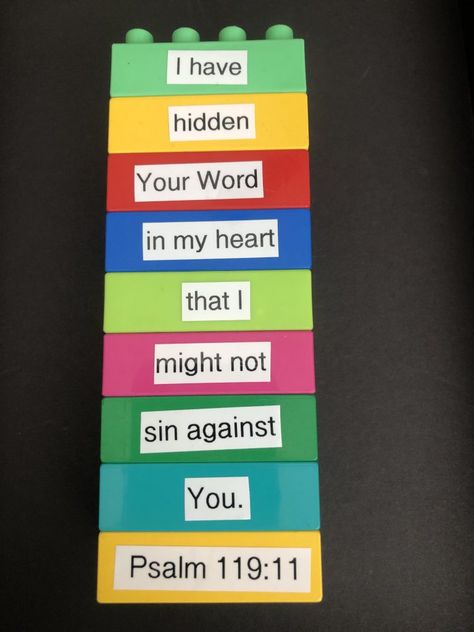 Lego Memory Verses – Kids Bible Class Ideas Memory Verse Teaching Ideas, Memory Verse Games For Preschoolers, Bible Verse Games For Kids, Bible Class Games, Bible Verse Memorization For Kids, Bible Class Ideas For Kids, Bible Verse Crafts For Kids, Bible Class Crafts, Memory Verse Games For Kids