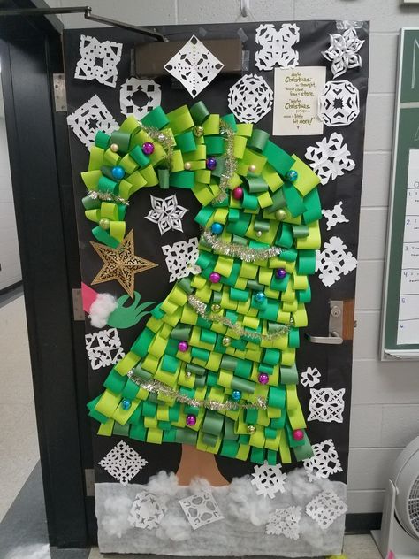 Door Decorating Christmas Office, Christmas Door Painting Ideas, Grinch Tree Door Decorations, Decorating Office Doors For Christmas, Library Christmas Door Decorations For School, Christmas Tree Door Classroom, Christmas Theme Classroom Door, Christmas Classroom Door Decor Ideas, Winter Themed Classroom Door Ideas