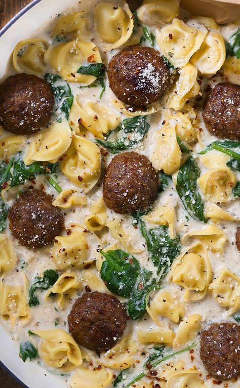 Creamy Spinach Meatballs, Garlic Butter Meatballs With Creamy Parmesan Pasta, Meatballs And Tortellini, Creamy Onion Sauce, Creamy Spinach Tortellini, Parmesan Spaghetti Squash, Cream Of Onion Soup, Spinach Meatballs, Pasta Pan