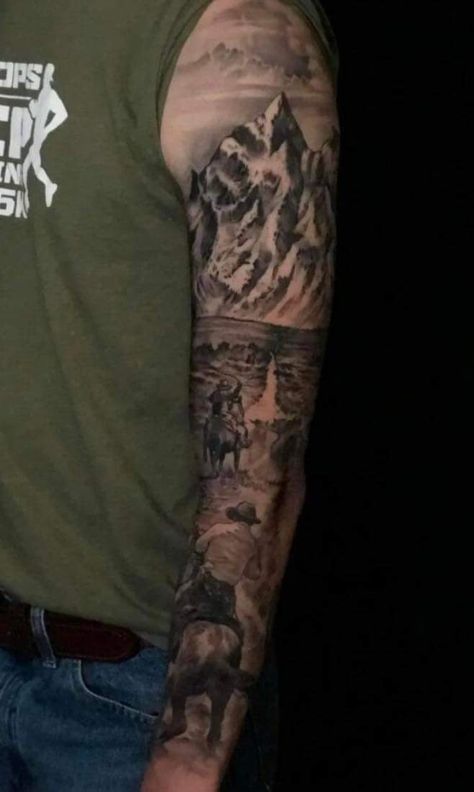 Southern Arm Tattoos, Cowboy Scene Tattoo, Country Chest Tattoos For Men, Western Sleeve Tattoos For Guys, Western Tattoos For Men Country, Indian And Cowboy Tattoo, Western Full Sleeve Tattoo, Country Tattoo Sleeve Men, Mens Western Sleeve Tattoo Ideas