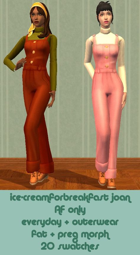 today i have a 4t2 conversion of @ice-creamforbreakfast 's joan jumpsuit for you guys :)    it’s for adult females, has fat and preg morph and is enabled for everyday + outerwear. there are 20 swatches… Sims 2 Maternity, Sims 4 Jumpsuit Cc, Sims 4 Jumpsuit, Sims 4 Decades Challenge, Sims 4 Characters, Ts4 Cc, Sims Mods, Sims 4 Mods, Sims 2