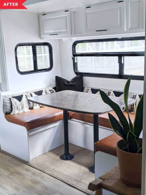 3 Amazing Boho Chic Camper Renovations You Have To See To Believe • Mobile Home Living U Shaped Camper Dinette, Redone Campers Interiors, Boho Trailer Interior, Small Camper Renovation, How To Remodel A Camper, Camper Flip, Camper Projects, Camper Table, Petit Camping Car