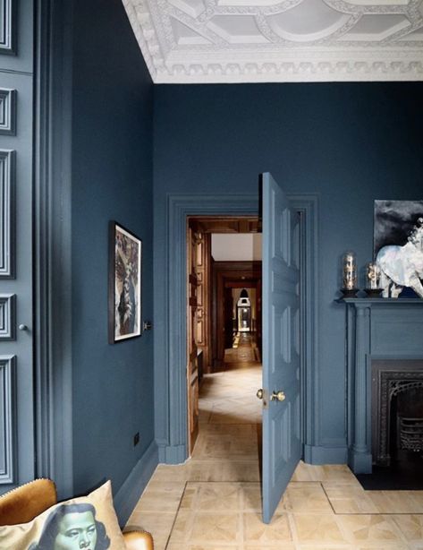 2020 Color Trends - Walls By Design Dark Floor Blue Walls, Dark Blue Painted Room, Blue Painted Rooms Bedrooms, Two Tone Blue Walls, All Blue Room, Blue Wall Colors Bedroom, Dark Blue Wall Color, Blue Wall Ideas, Blue Walls Bedroom