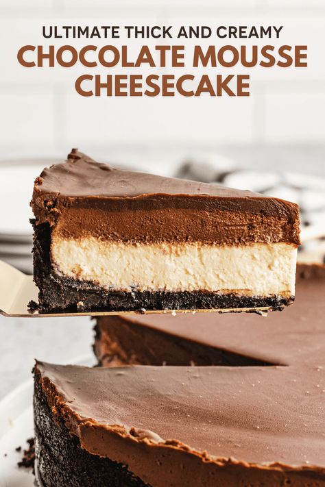 Double Chocolate Cheesecake Recipe, Chocolate Layer Cheesecake, Mousse Cheesecake Recipes, Cheesecake With Cake Layer, Crustless Chocolate Cheesecake, Cheesecake Recipes With Oreo Crust, Cheesecake With Chocolate Topping, Oreo Crusted Cheesecake, Chocolate Cheesecake Recipe No Bake