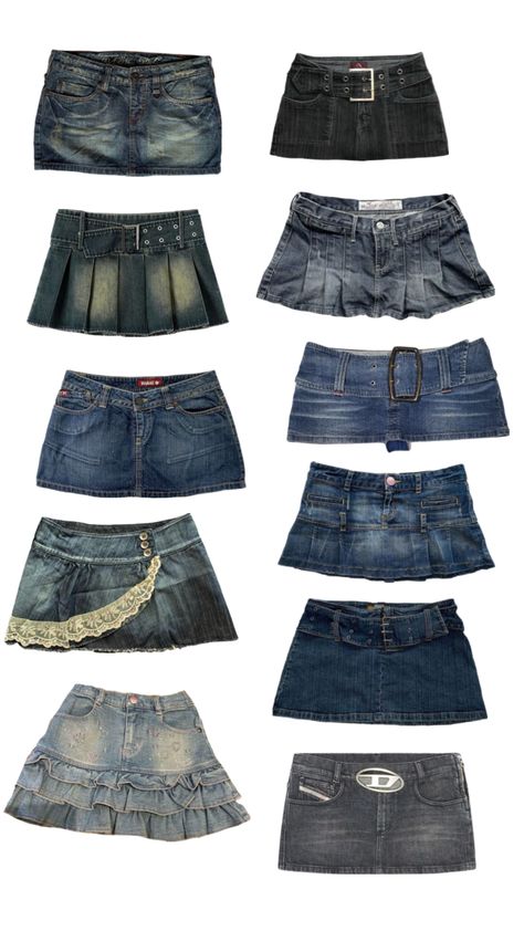 Denim Mini Skirt Y2k, 2000s Fashion Inspiration, Denim Mini Skirts, Y2k Mini Skirt, Thrift Store Outfits, Y2k Denim, Denim Skirt Outfits, Miniskirt Outfits, 2000s Fashion Outfits