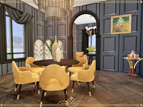 The Sims Resource - Retro ReBoot - Art Deco Living and Dining Room Sims 4 Dinner Room, The Sims 4 Cc Dining Room Patreon, Sims 4 Cc Boho Dining Room, Sims 4 Art Deco Cc, Sims Dinning Room, Fine Dining Room, Sims Love, Art Deco Living, Deco Interiors