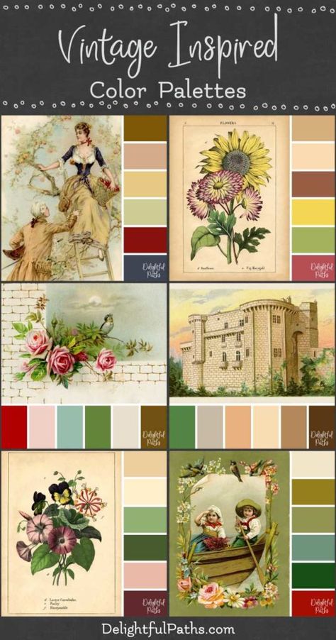 vintage inspired color palettes | DelightfulPaths.com Vintage Pantone Colour Palettes, Vintage Kitchen Colors Colour Palettes, Vintage Illustration Color Palette, Victorian Color Palette Vintage, Designer Color Palettes, Color Palette For Coloring, Vintage Branding Design Color Palettes, Vintage Paint Colors Colour Palettes, French Color Palette Vintage