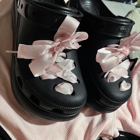 by b Crocs With Ribbon, Platform Crocs Outfits, Crocs Custom, Crocs Outfit, Platform Crocs, Ways To Lace Shoes, Black Crocs, Pink Crocs, Crocs Fashion