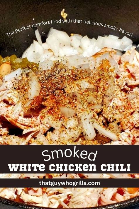 Zoomed in view of white chicken chili in a cast iron pan Chicken White Chili, Chili In The Crockpot, Smoked Chicken Breast, White Chicken Chili Recipe, White Chili, White Chili Chicken Recipe, Chicken Chili Recipe, White Chicken Chili, Smoked Chicken