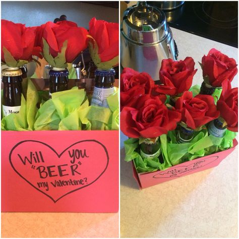 Another Valentine's Day DIY! I bought a pick 6 variety pack of beer that you can easily get from any liquor store for $10. Then I placed red construction paper around the outside and wrote "will you 'beer' my valentine?" After, I took those beers and put green tissue paper around each one and placed a rose on top. Easy and inexpensive Beer Bouquet For Him Diy Valentine Ideas, Beer Valentines Gift For Him, Beer Bouquet For Him, Beer Valentines, Diy For Him, Leo Gifts, Beer Bouquet, Birthday Cake Diy, Birthday Greetings For Daughter